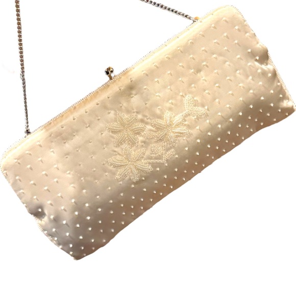 Vintage Mid Century 1950s Micro bead flower satin event wedding purse clutch - Picture 4 of 6